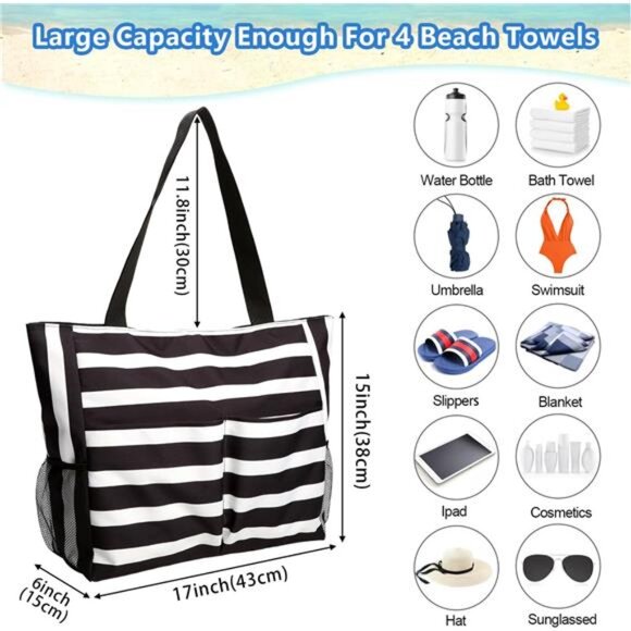Stylish Black & White Striped Beach Tote Bag with Multiple Pockets - Picture 2 of 7